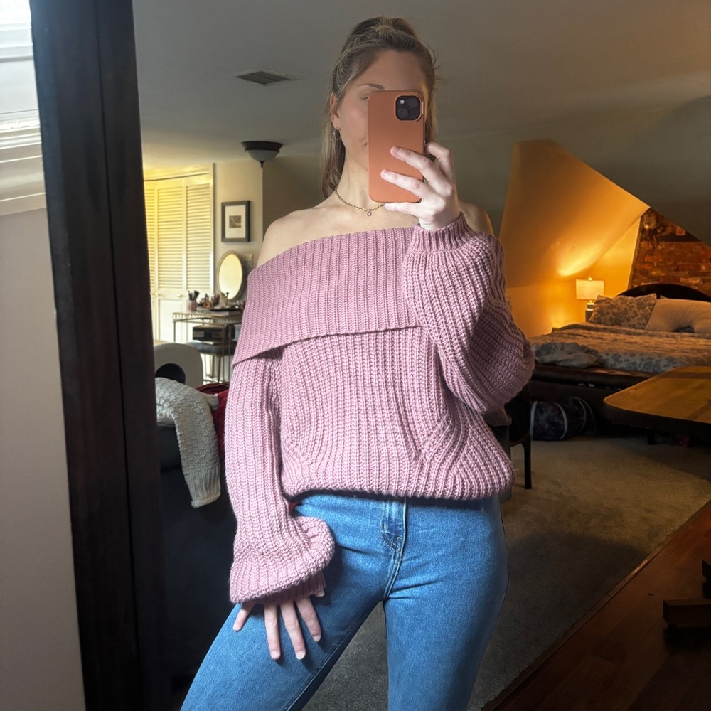 Lulu's Dusty Rose Off-the-Shoulder Chunky Knit Sweater